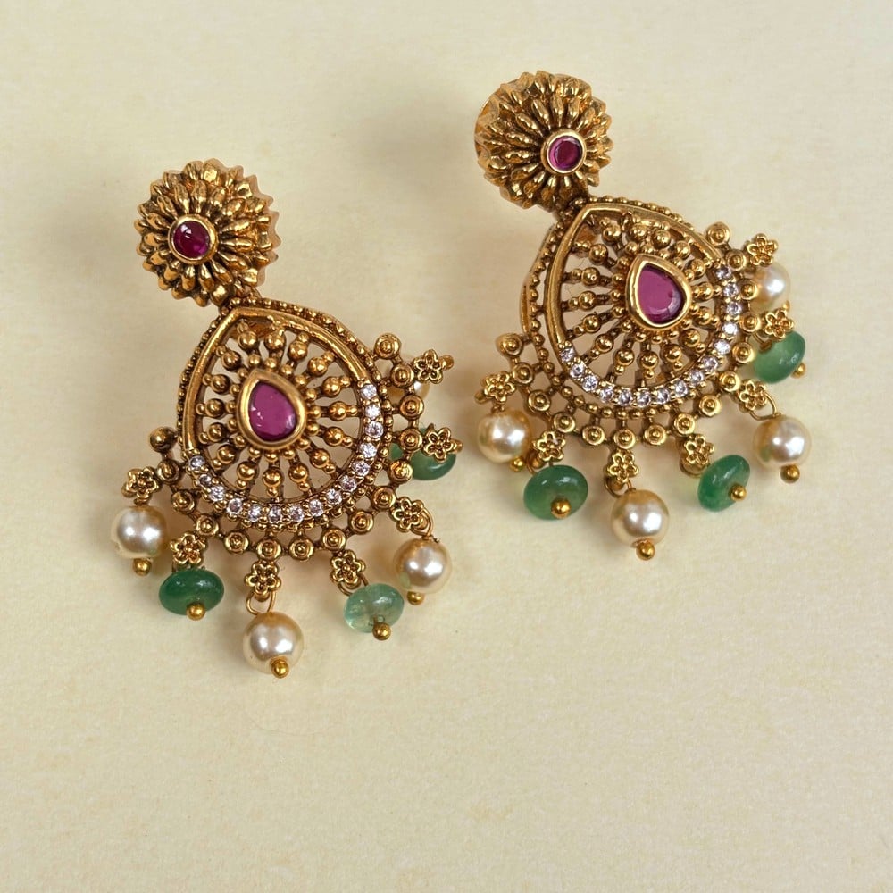 Handmade Brass Metal Jewellery Ruby Pearl Chandbali Earrings